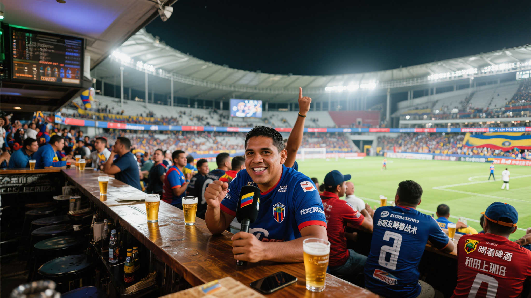 厄瓜多尔联赛球场边设吧台，服务员贴心服务，畅饮观赛两不误